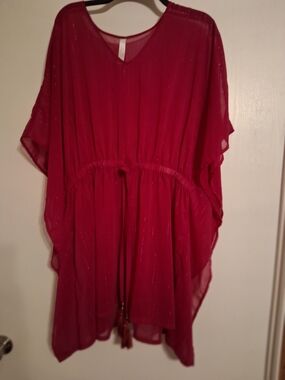 Rasberry Sheer Drawstring Kaftan with Metallic Accents. Dolman